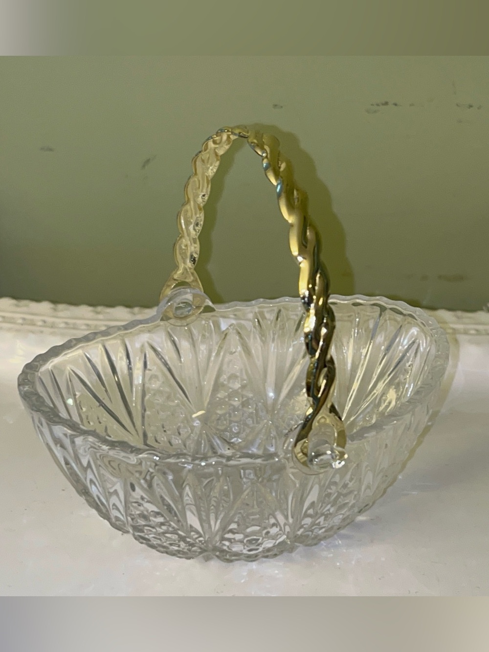 Vintage Mikasa Crystal Gold-Handled Glass Basket/Trinket